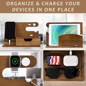 Organisateur de table de chevet en bois d'acacia fonctionnel Station d'accueil pour téléphone avec tiroir Table de chevet Table de chevet Clés de montre pour téléphone portable - Product Image 5