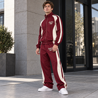 Survêtement personnalisé à rayures latérales avec fermeture éclair intégrale pour homme, veste en polaire et pantalon long, logo imprimé pour un usage quotidien décontracté