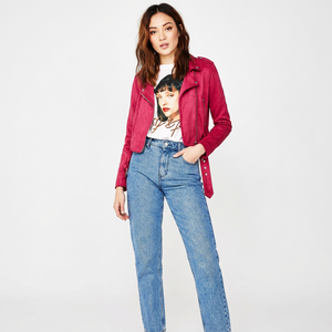 Bold Crimson Red <b>Suede</b> Style <b>Jacket</b> <b>Womens</b> Notched Collar Belted Waist Asymmetric Zipper Front Trend <b>Women</b> Custom <b>Jacket</b> - Product Image 6