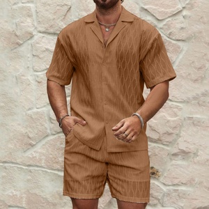Men's Summer Casual Street Style Two-Piece Sets Breathable Knitted Cotton Lapel Button Shirt Shorts Solid Color <b>Tracksuits</b> Beach - Product Image 5