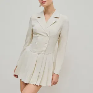 Women Career Fashion Custom Long Sleeves Notched Lapel Blazer Dress Classic Beige Woven Formal Fitted Pleated Mini Dress