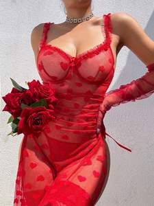 عيد الحب شبكة حمراء بروتيل تنورة طويلة ثونغ <span class=keywords><strong>2</strong></span> قطعة مجموعة نرى من خلال شق ثوب النوم جنسي الملابس الداخلية - Product Image 2