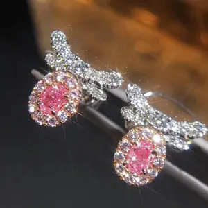 Wholesales Fashion Cute Bee Pink Diamond Stud Earrings Jewelry Gold Solid AU750 18 Carat 18K White Fashionable Jewelry Square
