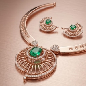Parure de collier et boucles d'oreilles en argent 925 plaqué or rose italien avec pierre verte, bijoux de luxe pour mariée et soirée pour femme - Product Image 6