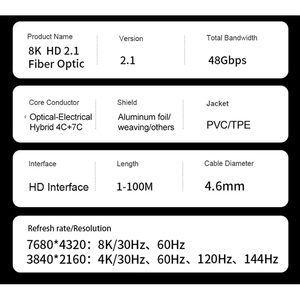 Cable de Fibra Óptica <span class=keywords><strong>HDMI</strong></span> 2.1 8K al por Mayor de Fábrica, OEM ODM, Longitud Personalizada de 1-100m, 48Gbps de Alta Velocidad - Product Image 5