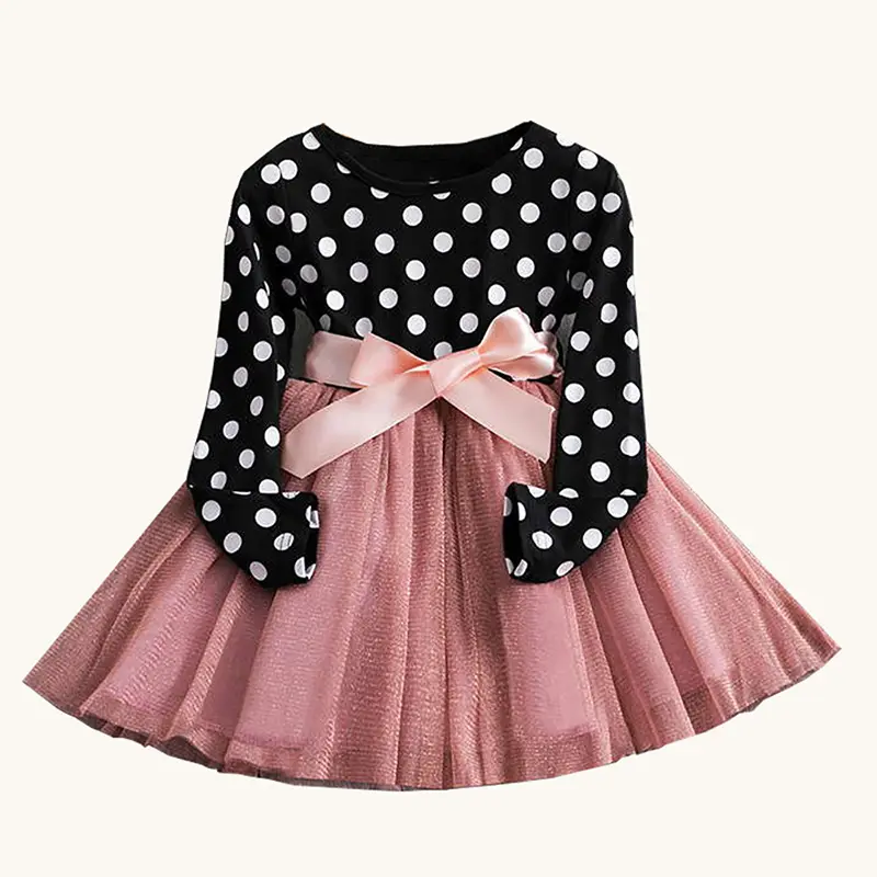 هاو بيبي 2021 الربيع أزياء موجة نقطة المطبوعة خياطة فستان شبكي مع القوس حزام للفتيات الصغيرات