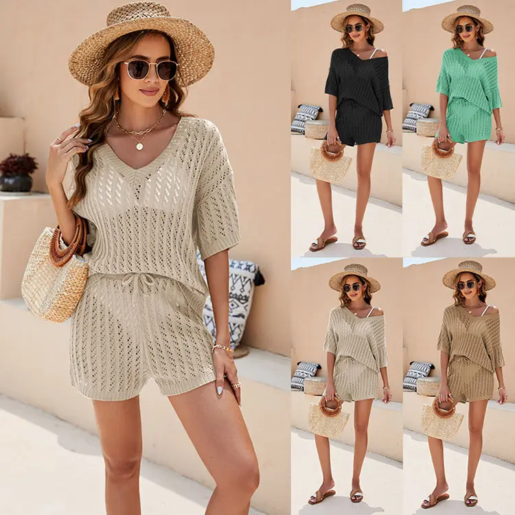 2023 summer new two piece knitted top high waist pants casual set beach cover ups
