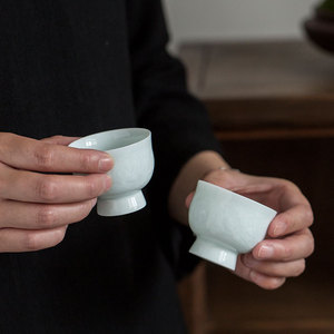 Hutian Kiln Celadon <b>Teacup</b> Embossed Hibiscus Flower High Footed Handmade Porcelain Tea Tasting Cup Small Guest Kung Fu Cup - Product Image 2