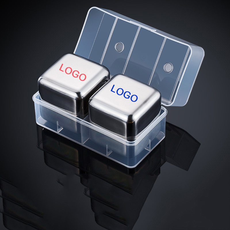 High Quality Big Metal Square Whiskey Stones Kit 2PCS 52mm Reusable 304 Stainless Steel Ice Cubes Two Pack Set Custom Logo