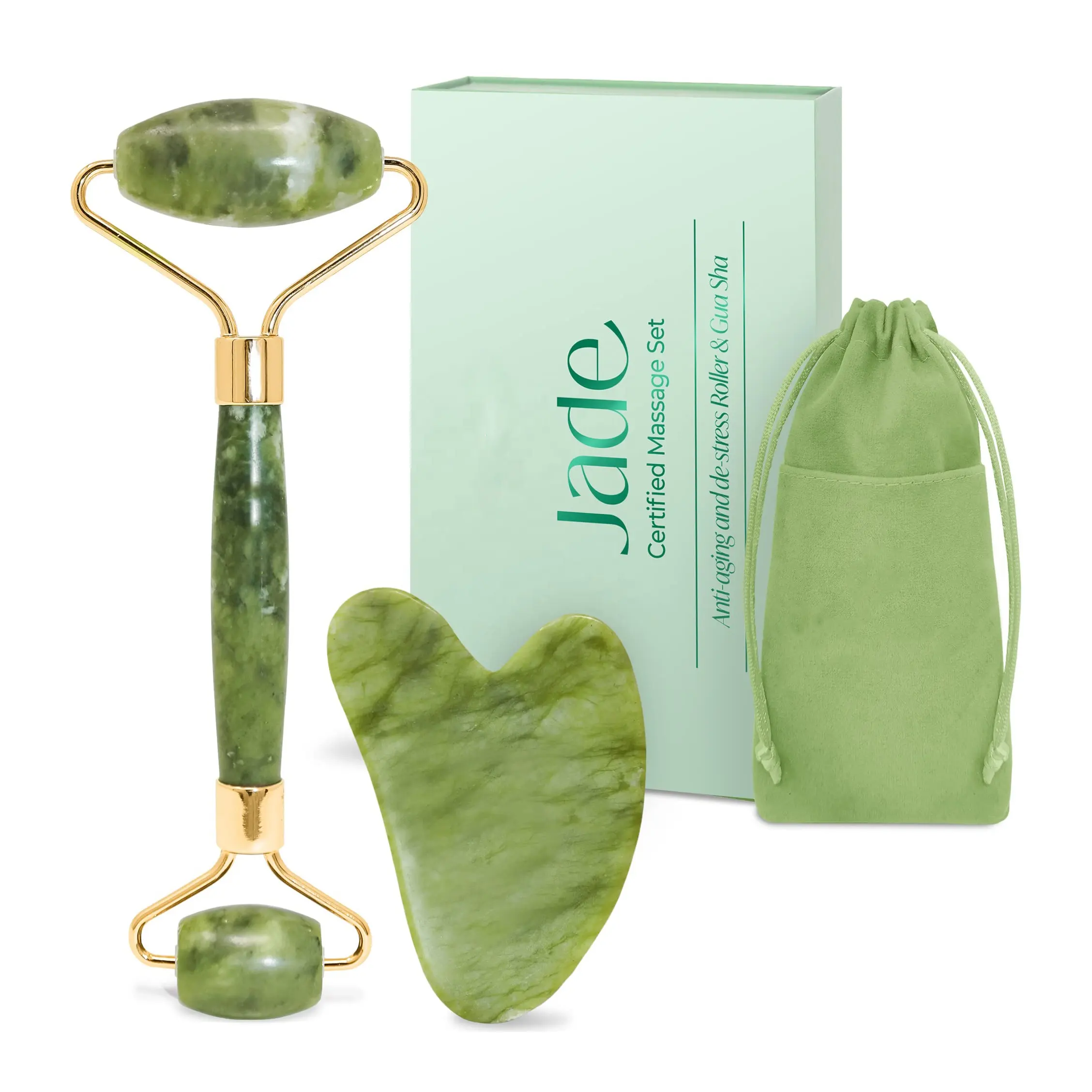 Venta caliente OEM Etiqueta Privada rodillo gua sha conjunto natural antienvejecimiento rodillo de jade gua sha herramienta facial masaje facial de jade gua sha