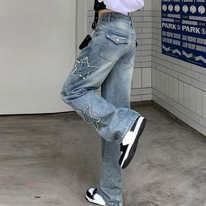 Nouvelle tendance broderie femmes respirant patché Denim droit jean pantalon pour femmes Vintage Style décontracté taille moyenne pour l'automne - Product Image 2