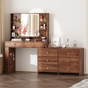 Modern Vanity Desk with LED Mirror &amp; Charging Port 8 Drawers &amp; <strong>Storage</strong> Shelves Wood Makeup <strong>Dressing</strong> <strong>Table</strong> <strong>for</strong> Bedroom - Product Image 4