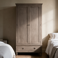 Armoire 2 portes en bois massif avec 1 tiroir, style ferme, finition chêne patiné, placard de rangement autoportant pour chambre à coucher, vente en gros