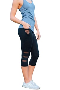 Wholesale <strong>Black</strong> High Waist <strong>Cropped</strong> <strong>Leggings</strong> Mesh Patchwork Gym Fitness Yoga Pant <strong>Legging</strong> With Pocket - Product Image 6