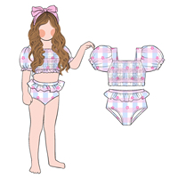 Little Glow Kid Nouveau Modèle Mode Écologique Impression Personnalisée Ensemble 2 Pièces pour Filles Maillot de Bain Smocked Manches Bouffantes
