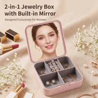 Boîte de rangement de bijoux de voyage en gros, boîte à accessoires portables pour bagues et colliers, miroir de maquillage portable haut de gamme et exquis