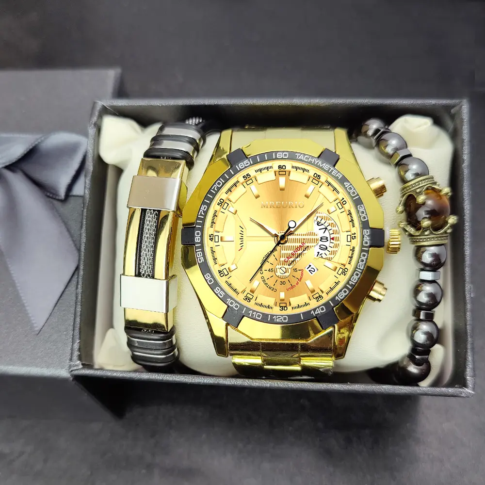Sıcak satış erkekler için bilezik seti Quartz saat iş lüks kol saatleri hediye seti promosyon ürünleri babalar günü hediyeleri