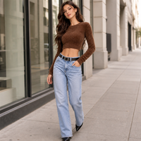 Pull court en maille douce et moelleuse pour femme FNJIA, col rond, manches longues, en peluche brossée
