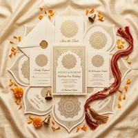Juego de Tarjetas de Invitación de Boda con Mandala en Papel Dorado |   Fabricante al por Mayor de Hilo de Seda Tradicional Indio Cortado con Láser