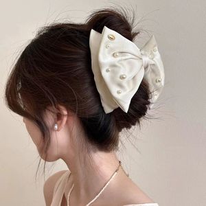 Fashion Elegant Plastic Satin <b>Bow</b> with Pearl Hair Claw Clips 10cm Unisex for Daily Use High-quality Hair Accessories - Product Image 4