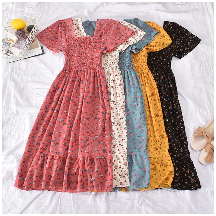 stock Latest Korean Design Floral Print Elastic Vintage Square Neck Short Sleeve Long Dress Women Summer Dresses Clothing