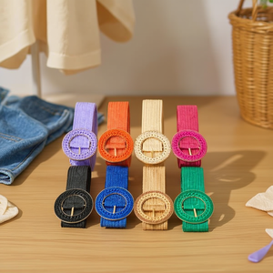 Cinturón de Paja y Cuero con Hebilla de Cadena de Cuentas Redondas, Cinturón Tejido de 5CM para Mujer, Accesorio de Moda - Product Image 3