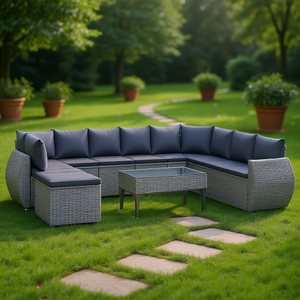 Ensemble de canapés de jardin en rotin gris avec structure en acier, 10 places et plus, mobilier d'extérieur contemporain - Product Image 2