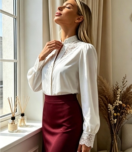 Fashion Elegant <b>Lace</b> Decor Long Sleeve Loose Fit <b>Ladies</b> Blouse Commute Daily Office Wear Stand Collar Women Blouse - Product Image 3