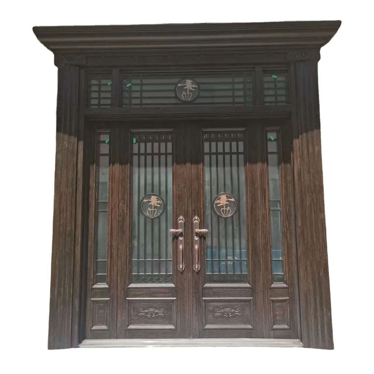 Puerta de entrada principal de la villa, puertas delanteras de entrada de hierro forjado dobles decorativas cuadradas exteriores