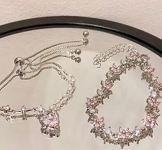 Roze Hartslag Armband Trekken Stijl Eenvoudige Zoete Cool Publiek Roze Diamanten Armband Licht Luxe Vriendin Armband