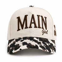 Casquette de baseball en coton à 5 panneaux avec broderie latérale, logo personnalisé, imprimé léopard vache, bordure brodée 3D, style western cowgirl, blanche