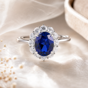 EMEJEWE Bague de Fiançailles et de Mariage en Argent Sterling 925 Rhodié avec Saphir Oval 7*9mm et Moissanite Blanche Enveloppant pour Femme - Product Image 1