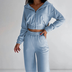 Survêtement de mode pour femmes Sweat à capuche zippé et pantalon de survêtement deux pièces en polyester coupé Ensembles de vêtements de sport pour femmes - Product Image 3