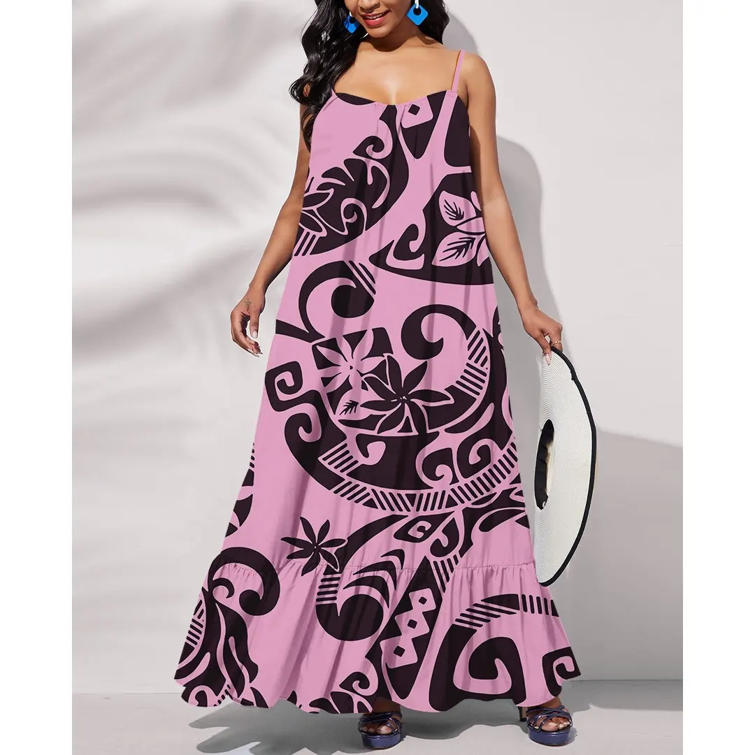 pink plus size hawaiian polynesian tribal dress fashion trendy summer samoa halter chiffon women maxi dress loose