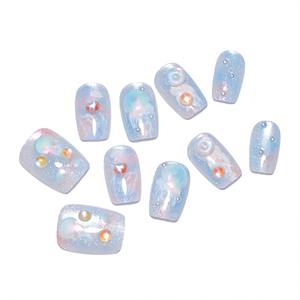 10 Pcs/set Ocean Blue Gradient Cat Eye Bubble Bead <b>Acrylic</b> Pre-designed <b>Glue</b> Almond Shape Nail Art Tips Press Nails Artificial - Product Image 3