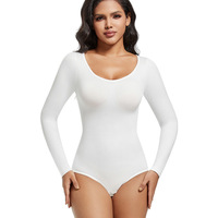 Body sculptant sans couture à manches longues pour femme grande taille, en nylon tissé à sequins, col rond, effet ventre plat