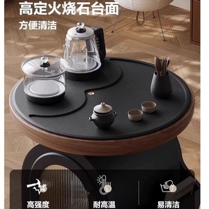 <b>Walnut</b> Wood Round Tea <b>Table</b> With Storage And Kettle For Living Room Office Use - Product Image 5