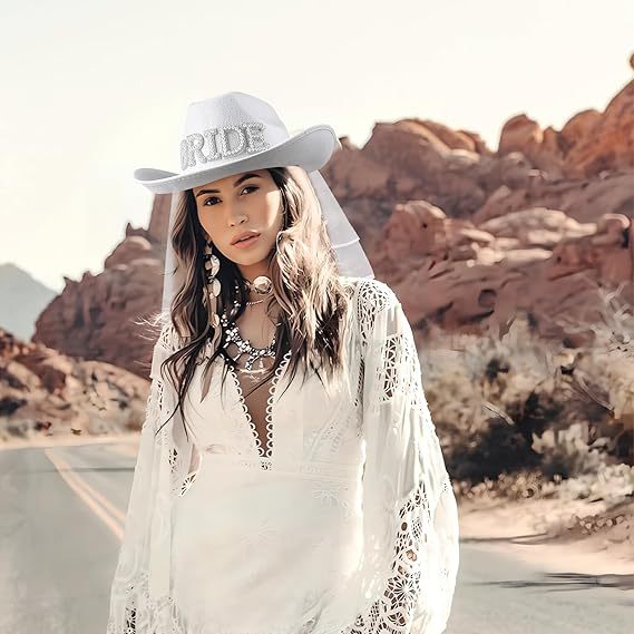 Cowboy Hat and Veil Bachelorette Party - White Bride Hat display picture 1