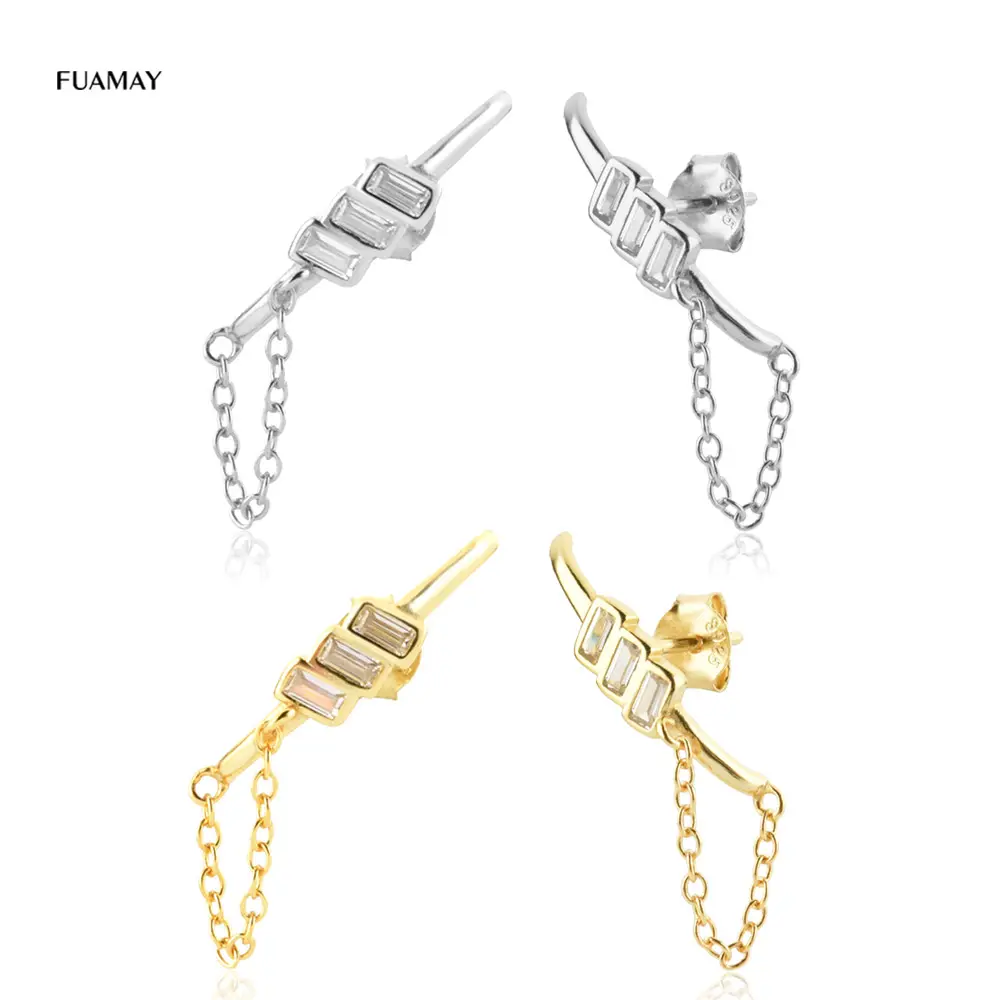 FUAMAY Fine Jewelry orecchini in argento Sterling 925 Trio Baguette con diamanti e catene a maglie corte orecchini Brincos