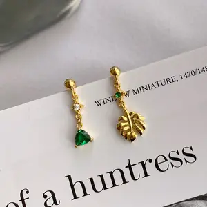 VIANRLA Dainty Green Zirconia Dangle Earrings Gold Palm Tree Leaf Stud Earring Sterling Silver Earrings