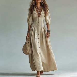Robe longue <span class=keywords><strong>en</strong></span> lin style bohème pour femme, manches bouffantes, boutonnée, col <span class=keywords><strong>en</strong></span> V profond, plissée, coupe trapèze, robe de soirée, personnalisable OEM - Product Image 1