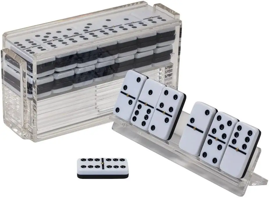 Transparente duplo seis pmma domino telhas texas 42 matador domino jogo conjunto com 4 bandejas acrílico domino rack