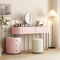 Coiffeuse moderne rose avec pieds en U, miroir LED et armoire latérale ronde à 3 tiroirs, ensemble de coiffeuse pour chambre à coucher, vente en gros
