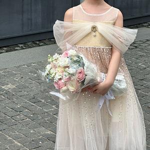 שמלת נסיכה ללא שרוולים עם פאייטים בצבע שמפניה, שמלת טול עם קשת ופנינים, שמלת מקסי, שמלת נשף לילדות, לחתונה, יום הולדת, תחרות יופי, מסיבה - Product Image 3