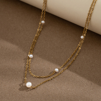 Collar Romántico de Acero Inoxidable con Baño PVD de 18K, Doble Capa, Perlas Barrocas Redondas, Zirconia, Diseño de Nudo y Cadena de Cable, Regalo