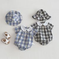 Romper de Verano para Bebé Niña, de Algodón, con Cuello Peter Pan, Manga Corta, a Cuadros, con Gorro