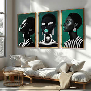 HAOWAI OEM/ODM Modern Afro Woman Wall Art Striped Black Girl Prints en verde y blanco para la decoración de la sala de estar del dormitorio - Product Image 4