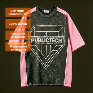 Custom Street Wear Acid Wash O-neck Digital Print Tshirt Vintage Rhinestone Boxy Geometry Premium <b>Patchwork</b> T-<b>shirts</b> for Men - Product Image 1