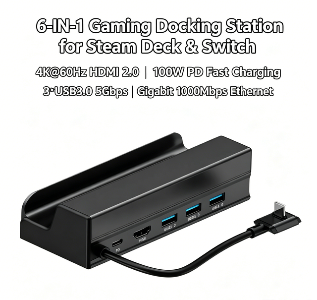 6 in 1 USB-C Hub Docking Station for Steam Deck with 4K 60Hz PD 100W for 2.0 USB 3.1 Aluminum Alloy in Stock