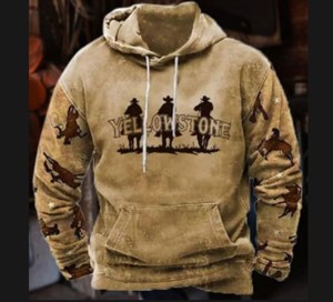 Felpa con Cappuccio Stile Cowboy Retrò Personalizzata 2025 per Uomo, Motivo Pietra Gialla, Stampa Effetto Lavato, Vestibilità Casual Ampia, Tessitura all'Uncinetto, Stagione Autunnale - Product Image 1